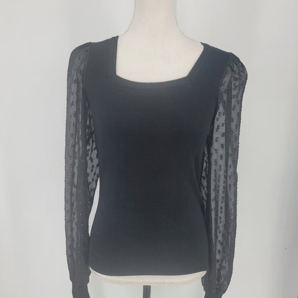 Catherine Malandrino Black Sheer Polka Dot Sleeves Pullover Sweater Blouse Large - Picture 2 of 7